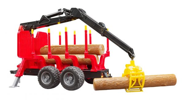 Bosbouwaanhanger + kraan, 4 boomstammen+houtgrijper
