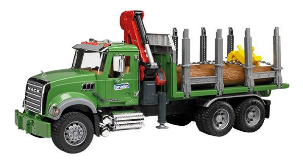 MACK Granite houttransportwagen met kraan en 3 boomstammen