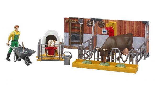 Koe- en kalfstal met boer